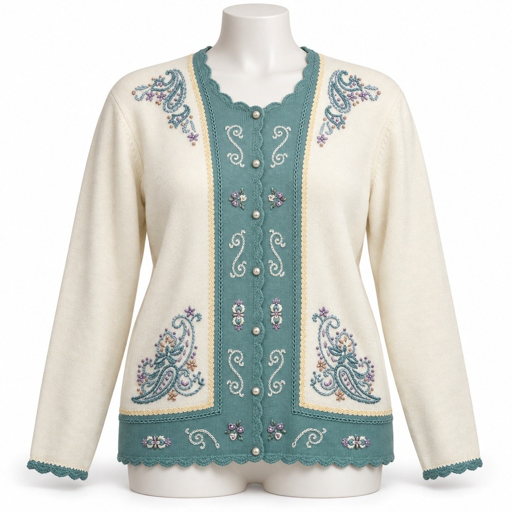 Koret 4X Cardigan Sweater Cream Sage Floral Paisley Embroidered Scalloped Pearl